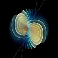 Visualization of the computed gravitational waves emitted in the scattering process of two black holes.