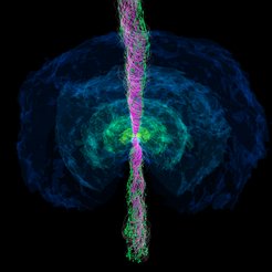 Astronomical simulation of a black hole: Beam-shaped jet structures in green and pink, surrounded by blue-green shell structures in dark space.