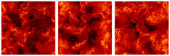 Snapshots at different times of the logarithm of the Lorentz factor, an important dimensionless quantity in relativity. It measures the size of the velocity of the plasma. Dark regions represent portions of the flow with the highest velocities and up to 99.95% of the speed of light.
